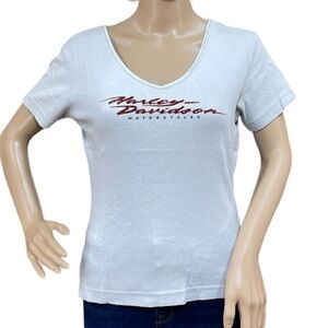 HARLEY-DAVIDSON Vintage Ribbed V-Neck Gray Woman’s Short Sleeve Tee Shirt Sz S